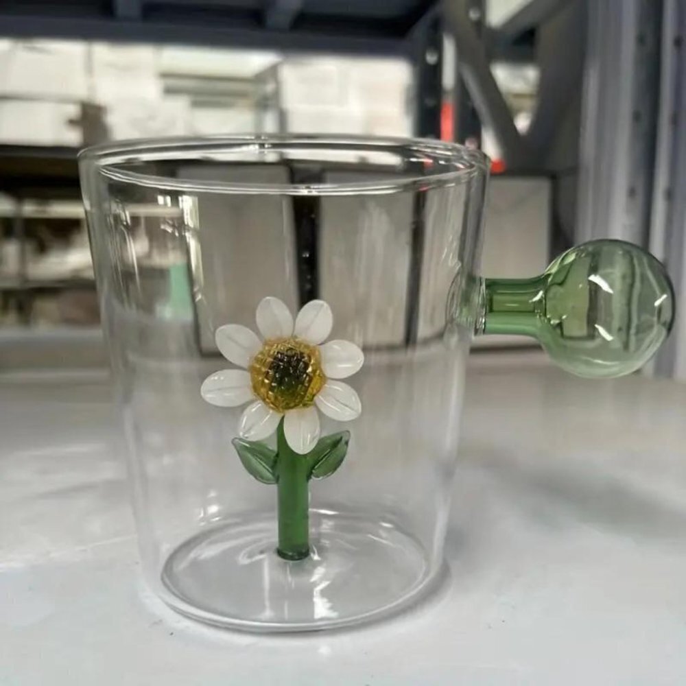300ml Lot Of 2 3D Glass Cup With Sphere Handle or Juice Milk Tea - Sunflower